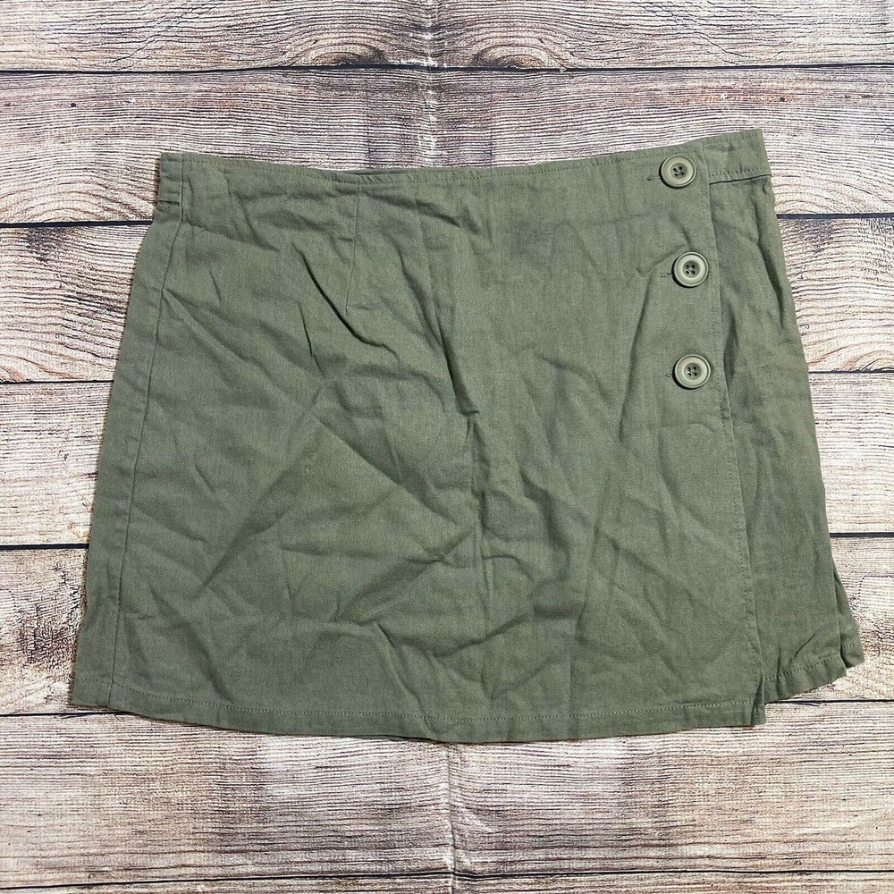 ModCloth‎ Women’s 14 Green Linen Blend Faux Wrap Mini Skirt Button Front